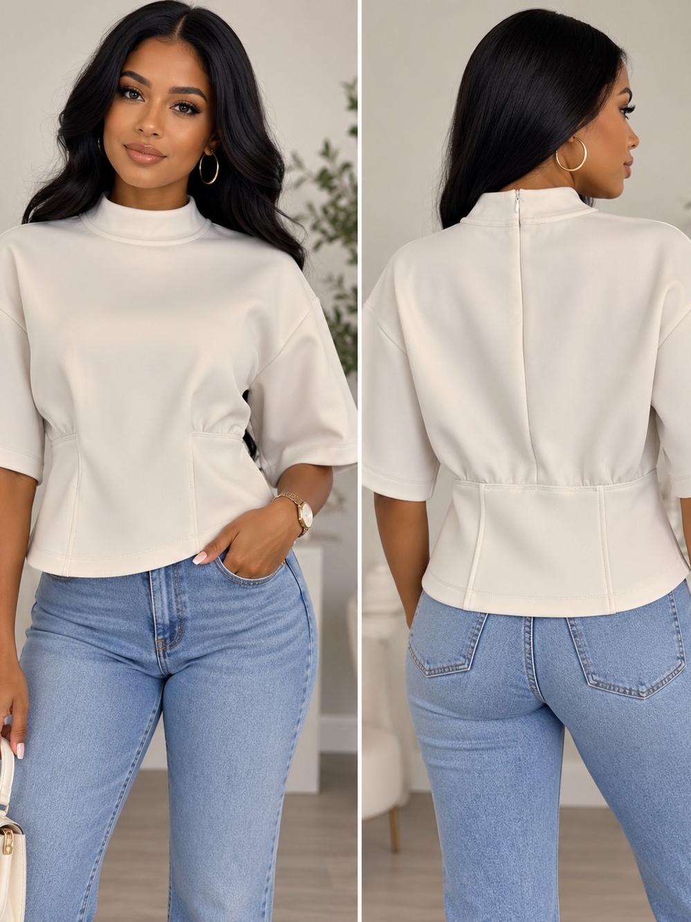 Zara Cream Mock Neck Short Sleeve Top